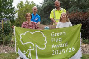Celebrating the Green Flag Award at Gheluvelt Park are (front l-r): Councillor Zoe Cookson and Councillor Karen Lewing, Chair and Vice Chair of Worcester City Council’s Environment Committee. Back l-r: Richard Rogers, of Worcester Rotary and Steve Wall, of Worcester City Council’s parks team