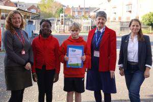 Pictured on the school's playground are Louise Norris, Headteacher at St George’s CofE Primary School; Lois Asamoah; Charlie Warburton; Councillor Lynn Denham, Worcester City Council Leader; Worcester City Council’s Arboretum Ward Councillor, Hannah Copper