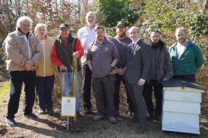 At the tree planting are Worcester Beekeeper members Derek Smith; Richard Neary (Chairman); Les Bailey; John Summers (Vice-Chair); with Worcester City Council staff Derrick Hooper; Robbie Wallis; Jeremy Ross; Brian Harding; and Tony Kendall-Smith