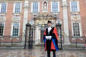 Mayor of Worcester, Cllr Dr Matt Lamb, outside the Guildhall.