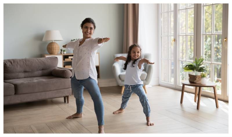 Woman and child exercising