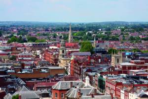 Aerial photo of Worcester's rooftops