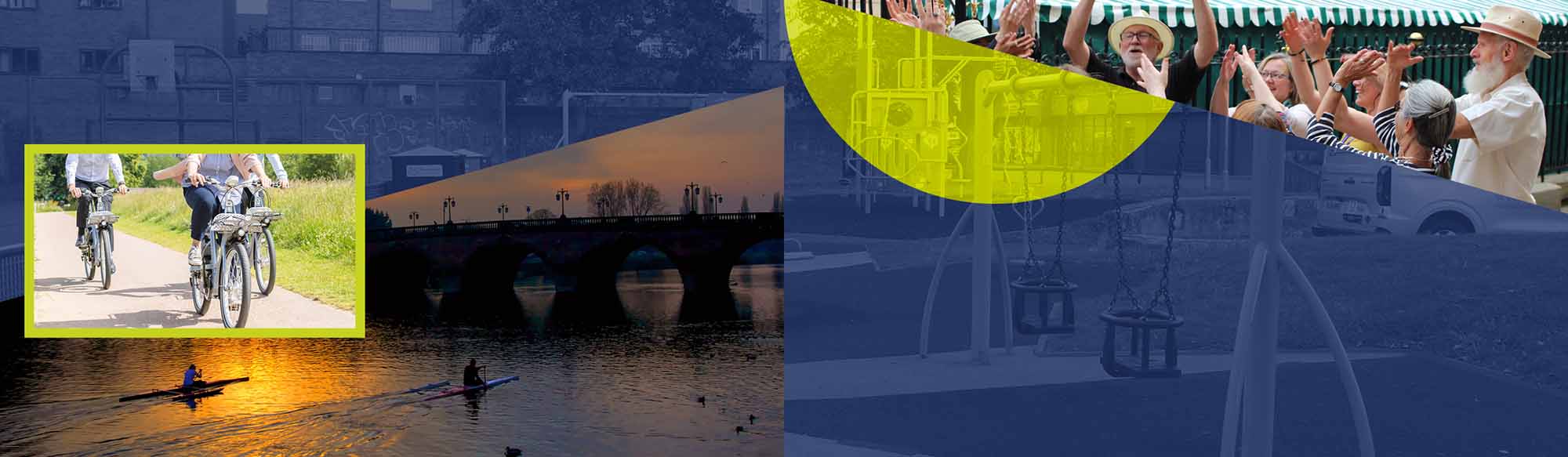 Graphic Photo montage of people on bikes, canoeist on the river and people at the Worcester Show event