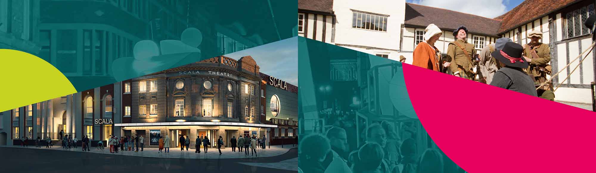 Graphic Photo montage of the Scala Arts Centre and The Commandery with civil war soldiers re-enactment