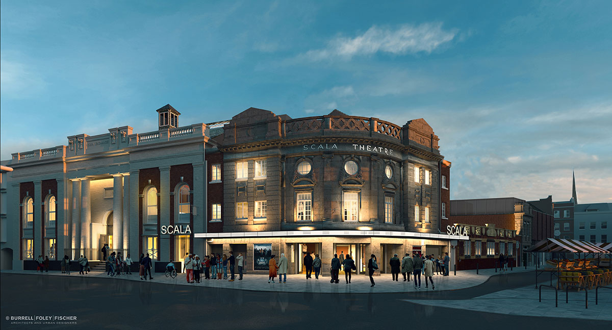 What the completed Scala arts centre will look like. Image courtesy of Burrell Foley Fischer Artist Impression of Scala Theatre exterior building at dusk