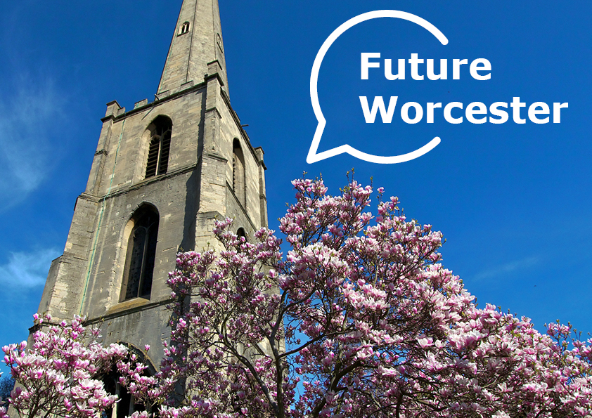 A photograph of Sta Andrew's Spire in Worcester, overlaid with the Future Worcester logo