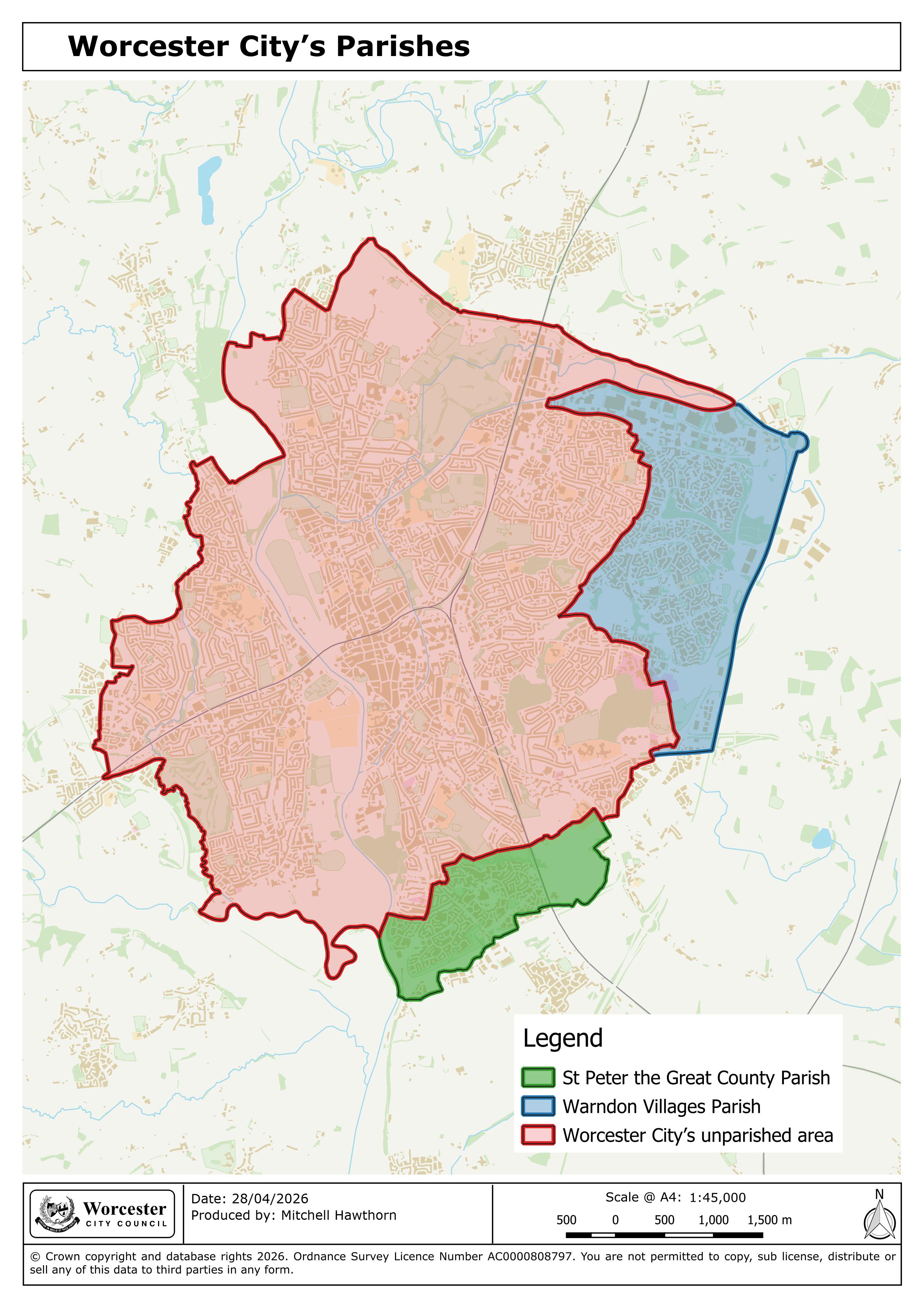 Parish and unparished areas of Worcester A map showing of Worcester, showing the area to the east of the city covered by Warndon Villages Parish Council (coloured in blue) and the area to the south covered by St Peter's Parish Council (covered in green). The remained of the city is coloured pink, indicating it is not parished.