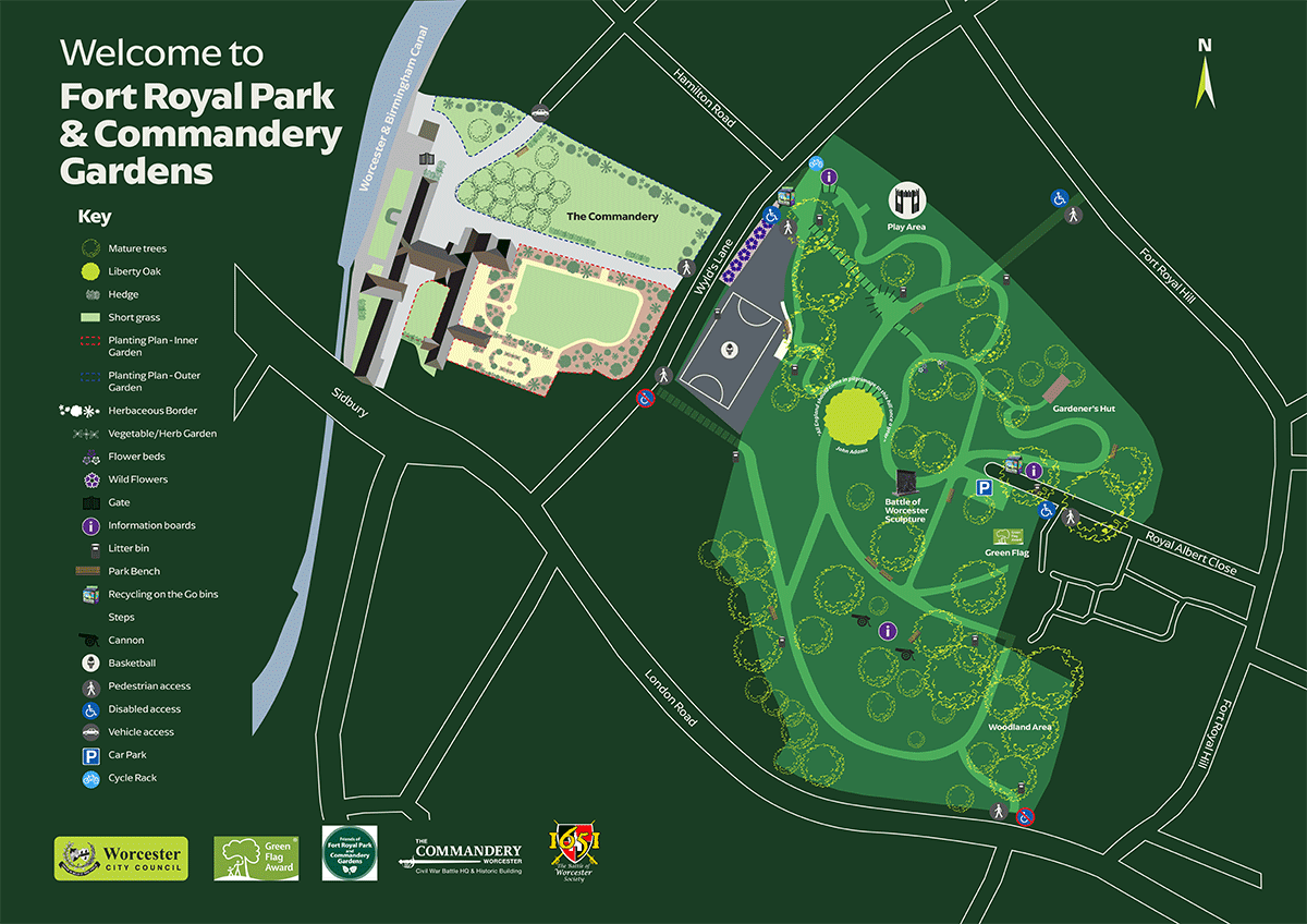 Site Map of Fort Royal Park and Commandery Gardens. Showing the layout and facilities