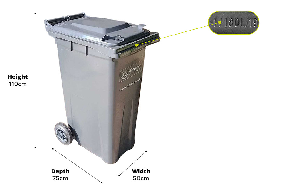 Black Wheelie bin showing size and dimensions