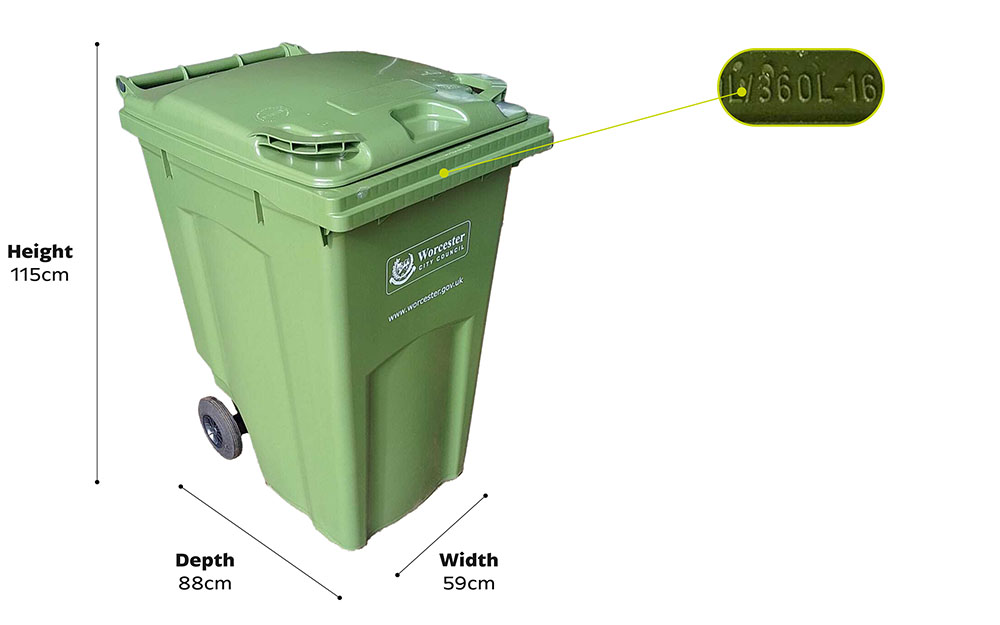 Green Wheelie Bin showing size and dimensions