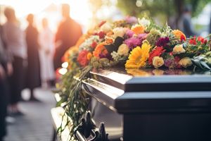 A coffin covered in floral wreaths
