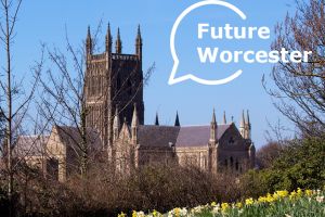 A photograph of Worcester Cathedral, overlaid with the Future Worcester logo