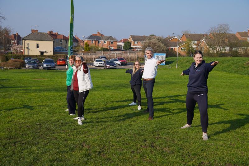 Taking part in Park Yoga are (front l-r) Sarah Mackay (Onside); Helen Davis (Worcester Community Trust). Back l-r: Adele Hodges (Freedom Leisure); Alex Booth (Worcester City Council); Jazmin Chester (Active Herefordshire and Worcestershire)