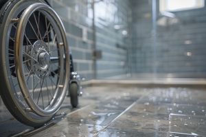 A wheelchair in a bathroom with a level-access shower