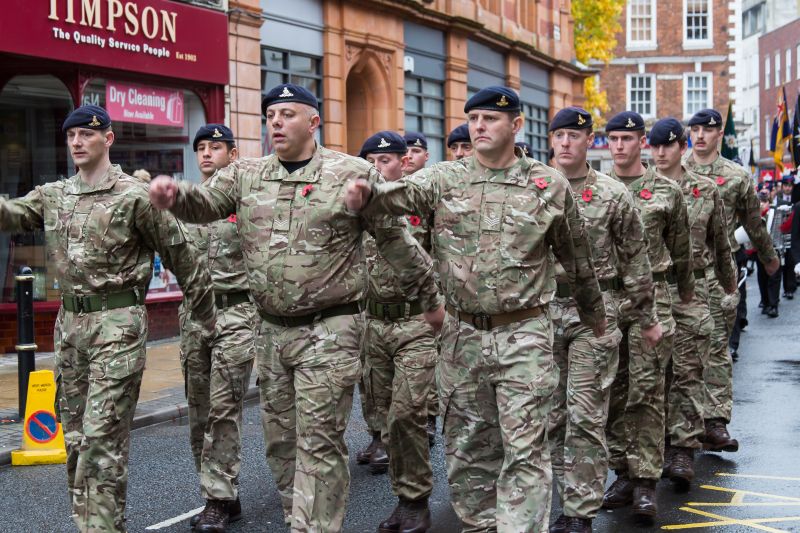 Members of the military marching in Worcester