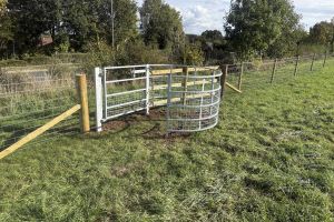 A metal kissing gate in a field, with trees behind