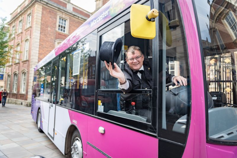 A First Bus driver in Victorian dress