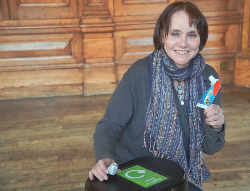 Councillor Zoe Cookson, Chair of Worcester City Council’s Environment Committee, holding aluminium foil and a used toothpaste tube. Both items can be recycled from April