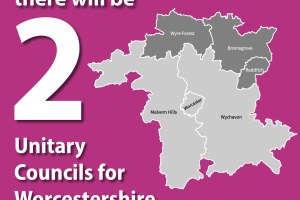 A graphic showing a map of Worcestershire with a border between the north and south of the county. A caption reads, "Form 1st April 2028 there will be 2 unitary councils for Worcestershire."