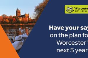 A graphic featuring a photograph of Worcester Cathedral and the Worcester City Council logo, with the caption, "Have your say on the plan for Worcester's next five years"