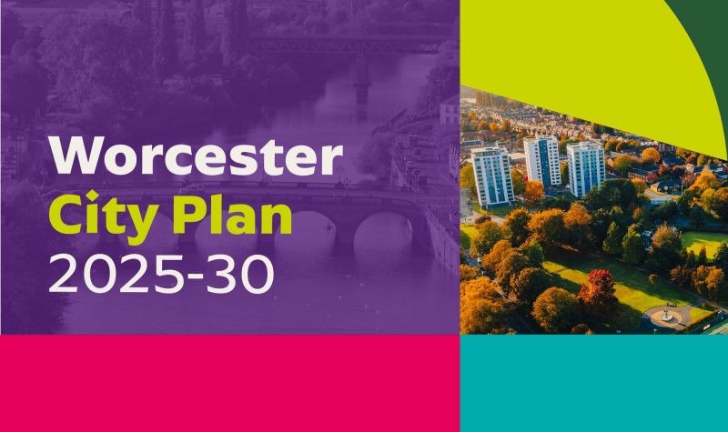 A graphic showing images of Worcester and the words, "Worcester City Plan 2025-30"