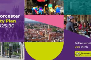 A collage of images of Worcester, with the caption "Worcester City Plan 2025-30