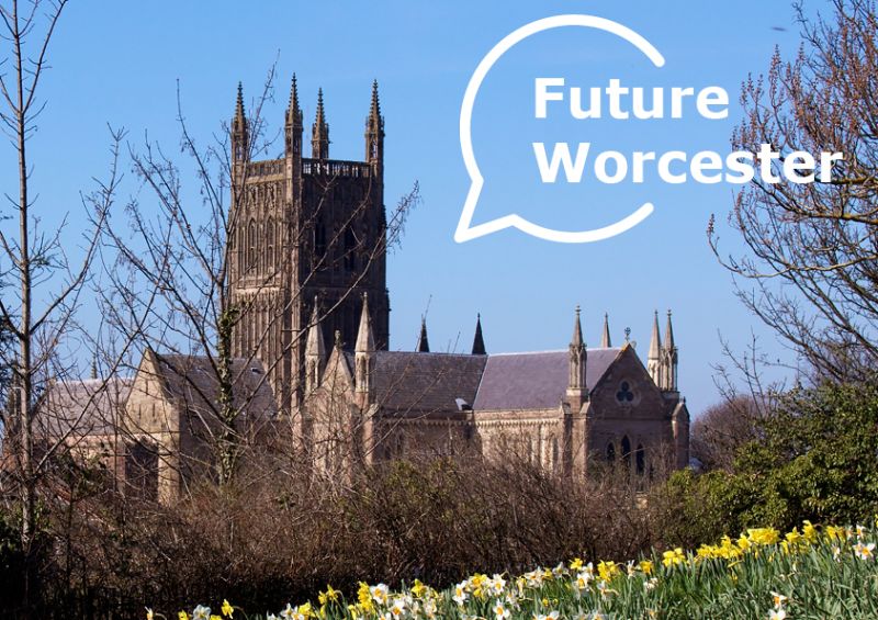 A photograph of Worcester Cathedral, overlaid with the Future Worcester logo