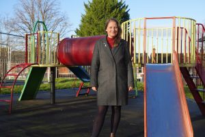 Councillor Hannah Cooper, Vice Chair of Worcester City Council’s Place & Economic Development Committee, next to play equipment which is due to be replaced at Horizon Hub in Worcester