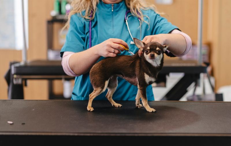 A vet microchipping a dog