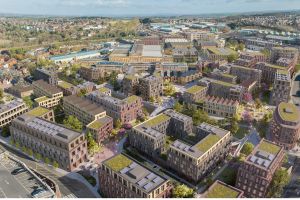A CGI image of buildings, many of them with green roofs. Image courtesy of ADP Architecture