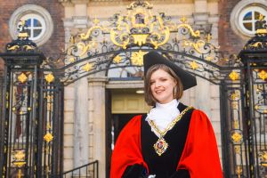 The Mayor of Worcester, Councillor Tor Pingree outside the Guildhall