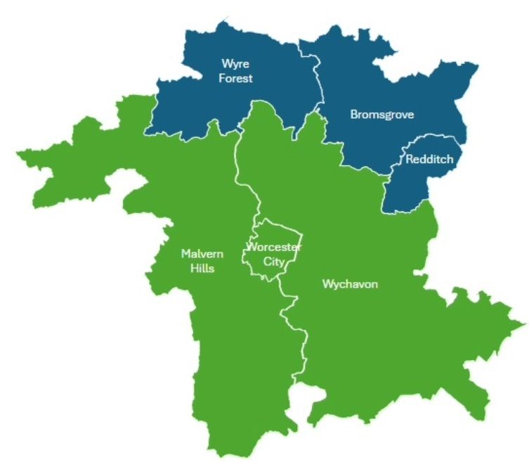 A map showing the proposed division between the North and South Worcestershire Councils