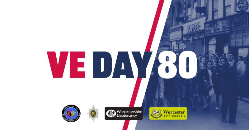 VE Day 80 with a picture of people celebrating in the background