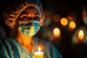 A nurse in a facemask holding a candle