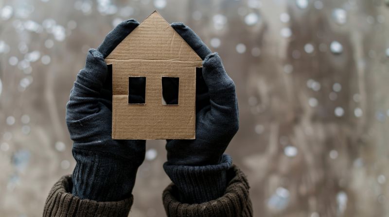 A pair of hands wearing thick gloves, holding a piece of cardboard in the shape of a house. Snow is falling in the background
