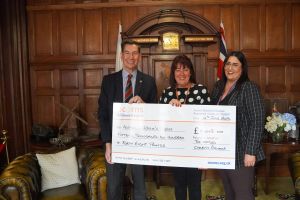 Presenting the cheque to Acorns Children’s Hospice are (left to right) Councillor Dr Matt Lamb, Mel Hall of Acorns Children’s Hospice and Chloe Olney of the Guildhall in Worcester