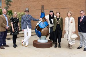 Celebrating the launch of the new public art sculpture and Hallmark walking trail (l-r) are: Duncan Sutcliffe, Bransford Trust/Royal Porcelain Works; Kate Travers, Director, Museum of Royal Worcester; Neil Musson, M+R sculpture artist; Jono Retallick, M+R sculpture artist; Mayor of Worcester, Cllr Tor Pingree; Deputy Lieutenant, Lucy Chenevix-Trench; and Paul Crane, Museum trustee and descendant of Dr.Wall, founder of the porcelain factory