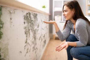 A woman looking at black mould on a wall beneath a window sill
