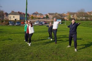 Taking part in Park Yoga are (front l-r) Sarah Mackay (Onside); Helen Davis (Worcester Community Trust). Back l-r: Adele Hodges (Freedom Leisure); Alex Booth (Worcester City Council); Jazmin Chester (Active Herefordshire and Worcestershire)