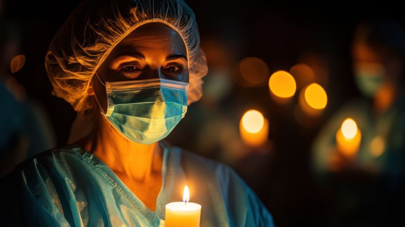 A nurse in a facemask holding a candle