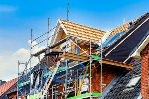 Scaffolding on a house during the building of an extension