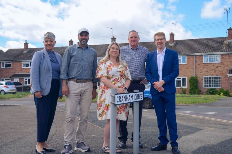 Meeting the new Chair and Vice Chair (left-right) are Rhizina Shearer, Pride in Place Project Officer; Councillor Jabba Riaz, Deputy Leader of Worcester City Council; Hannah Harrison, Pride in Place Warndon Chair; David Workman, Pride in Place Warndon Vice Chair; Tom Collins, MP for Worcester