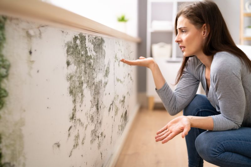 A woman looking at black mould on a wall beneath a window sill