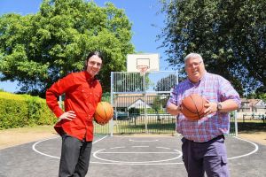 At the new half-court basketball facility are (l-r): Councillor Ed Kimberley, Member of Worcester City Council’s Place and Economic Development Committee; and Councillor Richard Udall, Ward member for St John’s