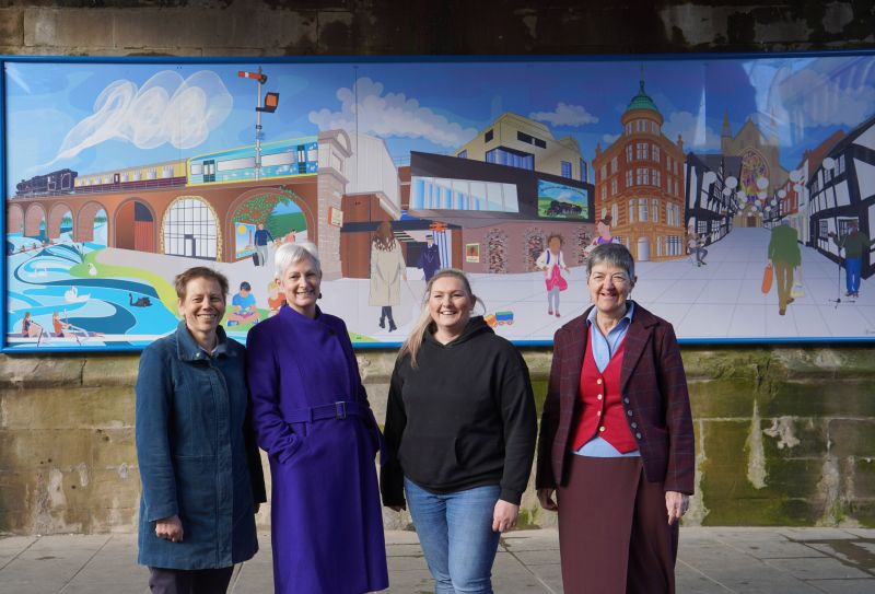 With the mural are (left to right) Elaine Knight, Arts Director at Severn Arts; Laura Worsfold, Severn Arts Chief Executive Officer; artist Sarah Brown; and Councillor Lynn Denham, Leader of Worcester City Council.