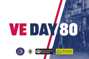 VE Day 80 with a picture of people celebrating in the background