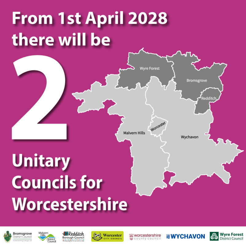 A graphic showing a map of Worcestershire with a border between the north and south of the county. A caption reads, "Form 1st April 2028 there will be 2 unitary councils for Worcestershire."