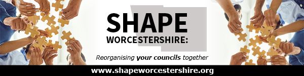 A group of people trying to fit jigsaw pieces together. A caption reads, "Shape Worcestershire: Reorganising your councils together."