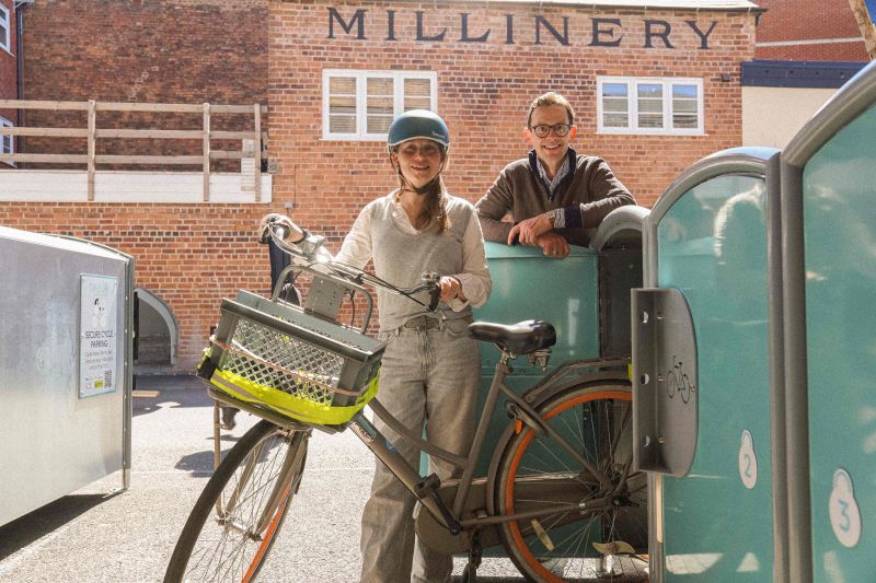 Councillor Hannah Cooper, Vice Chair of Worcester City Council’s Place and Economic Development Committee and Chris Jardine, Co-founder of Bikedok at the new bike lockers in the Arches