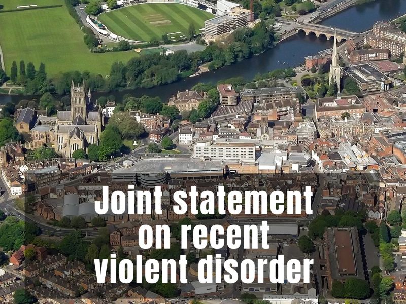 An aerial view of Worcester with a caption that reads, "Joint statement on recent violent disorder."
